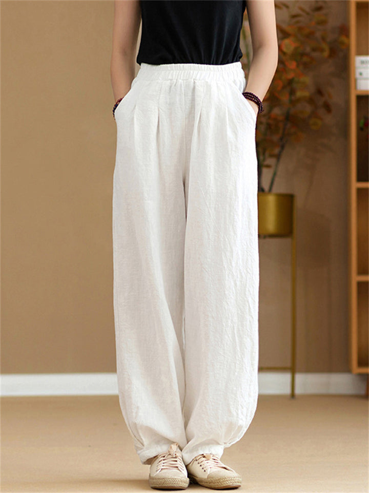 Zen Style Warm Plush Lined Linen Long Pants for Winter