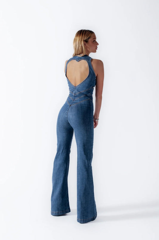 Denim Overall for Women, open back with heart-shaped cutout, sleeveless, fitted, jumpsuit