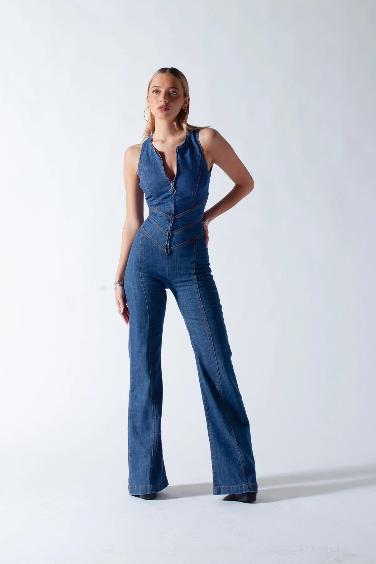 Denim Overall for Women, open back with heart-shaped cutout, sleeveless, fitted, jumpsuit