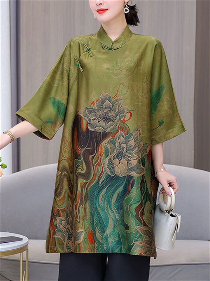 Elegant Lotus Flower Print Oriental Dresses for Women