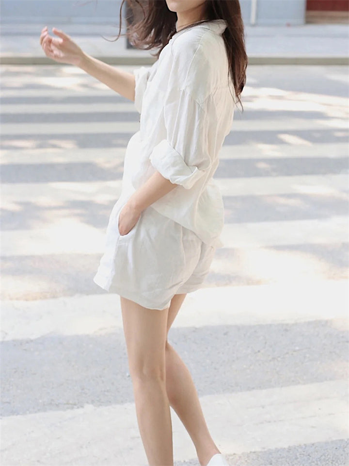 Female 100% Linen Short Sets Button Up Shirt + Casual Shorts