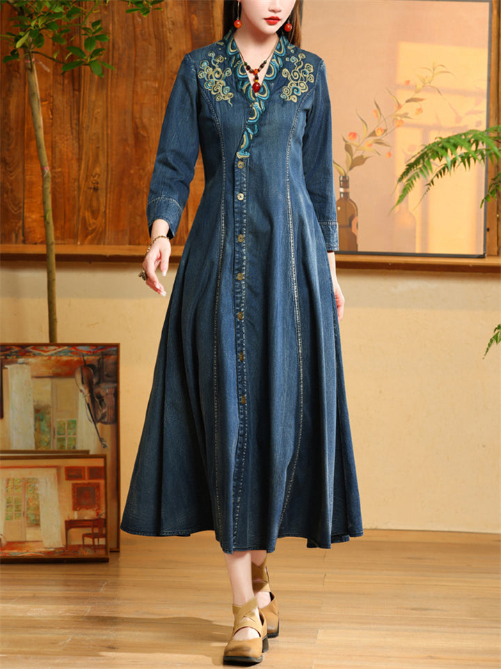 Embroidery V Neck High-Rise Women Pleated Denim Dress