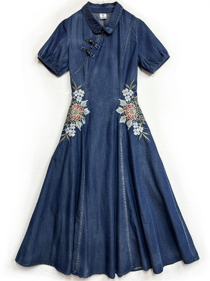 Beautiful Flower Embroidery Lapel Denim Pleated Dress