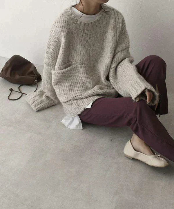 Ivyshape | Ivory Colored, Oversized Sweater With Front Pockets