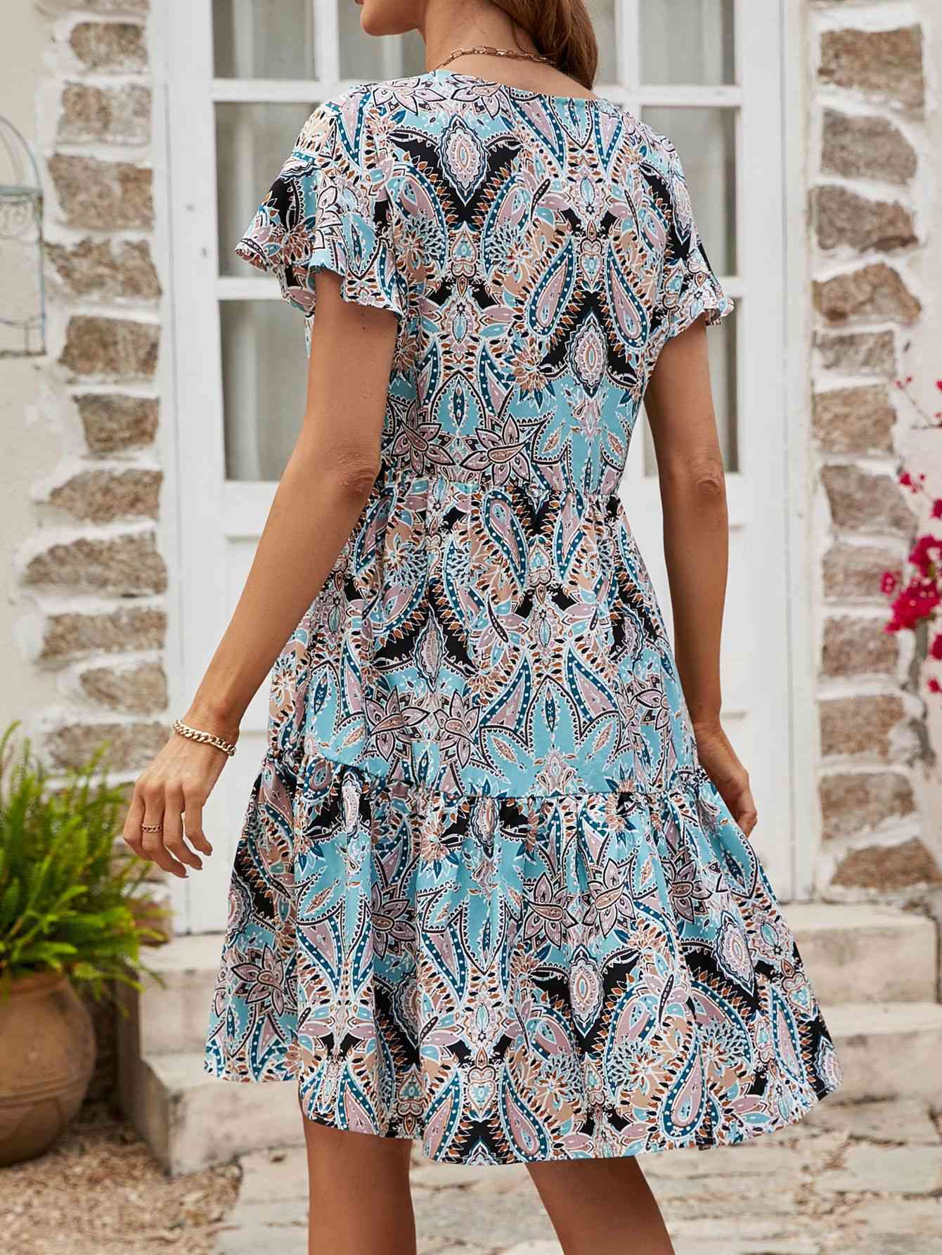 Printed V-Neck Tiered Dress