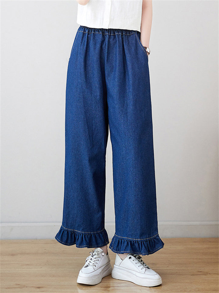 Ruffled Leg Cuff Blue Straight Leg Jeans