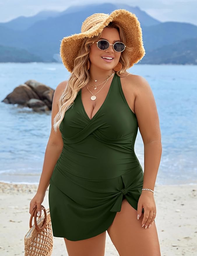 IvyShape | Plus Size One-Piece Swimming Dress Swimsuit Tummy Control Swimsuits