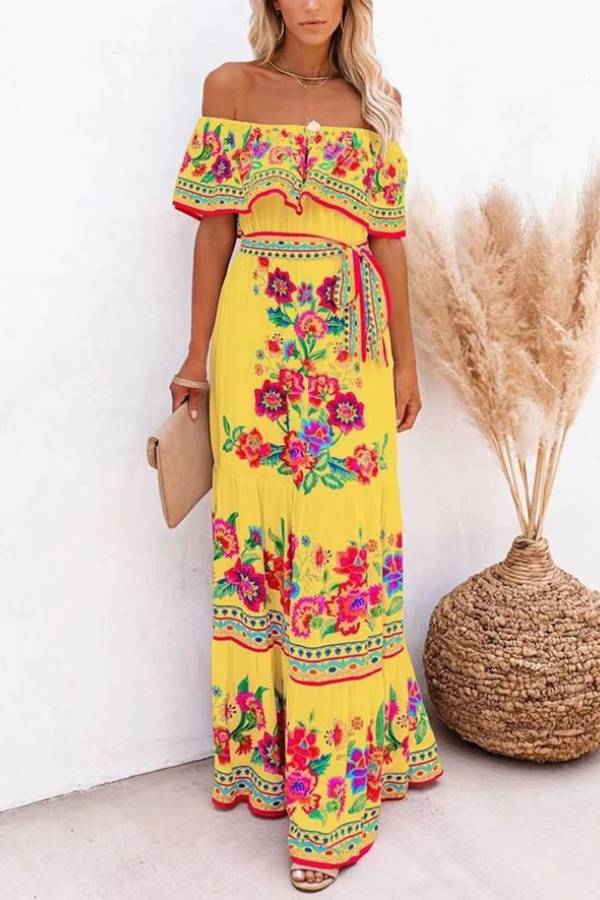 Ivyshape | Shoulder Printed Long Swing Dress