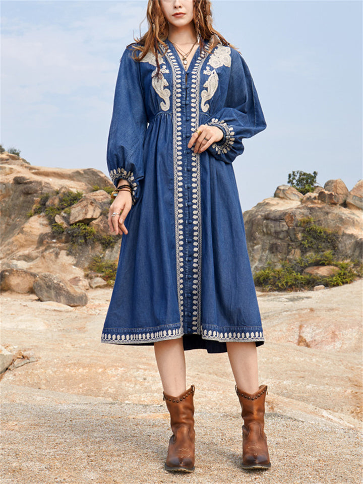 Ethnic Style V Neck Puff Sleeve High-Rise Denim Dress