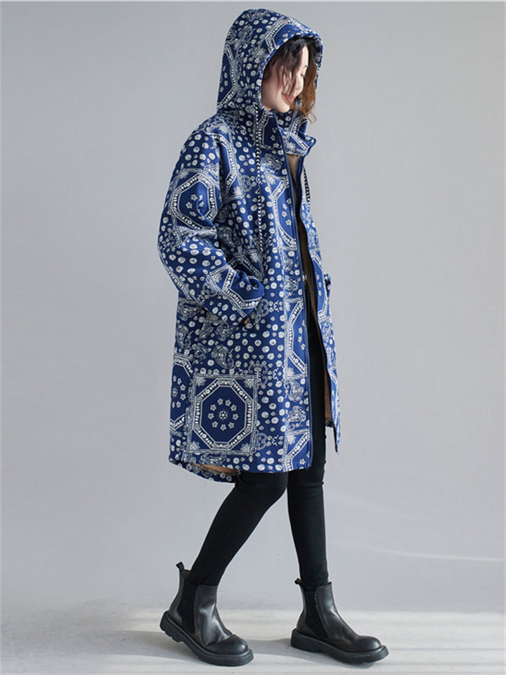 Blue Hooded Zipper Keep Warm Cotton-Padded Overcoat