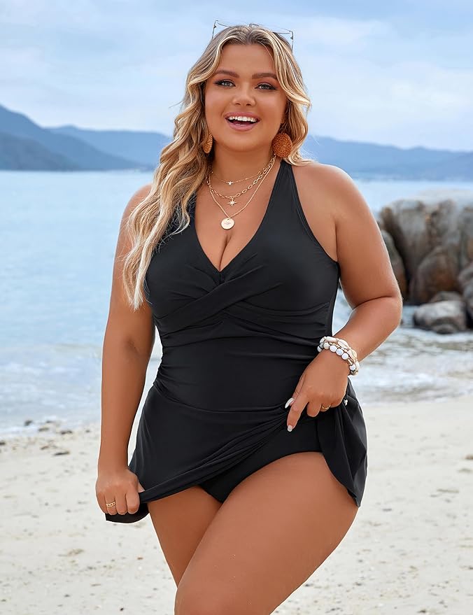 IvyShape | Plus Size One-Piece Swimming Dress Swimsuit Tummy Control Swimsuits