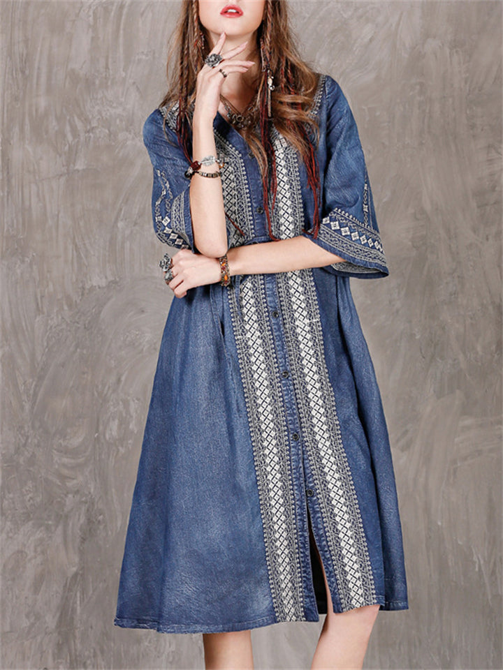 Retro V Neck Half Sleeve Embroidery Female Denim Dress