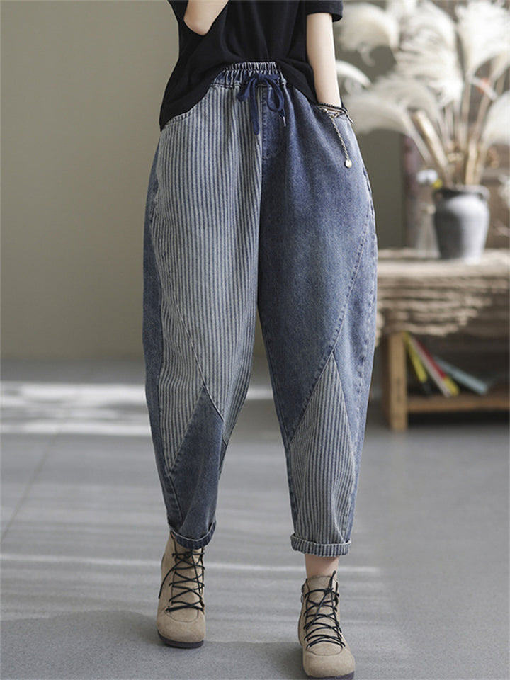 Trend Striped Patchwork Blue Denim Pants