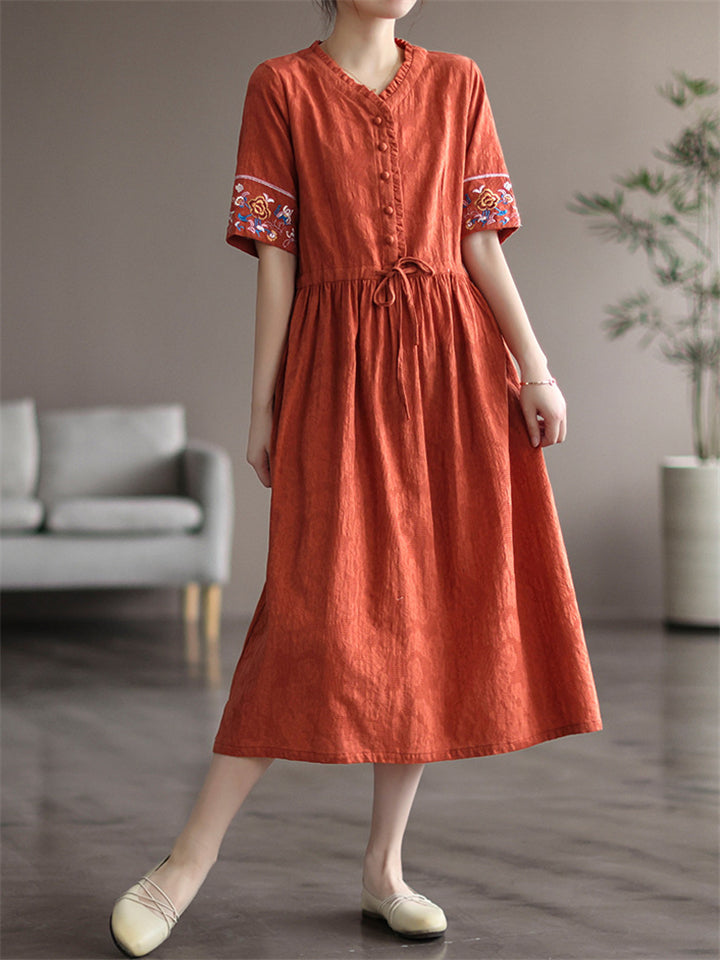 V-Neck Embroidered Short Sleeve Dresses