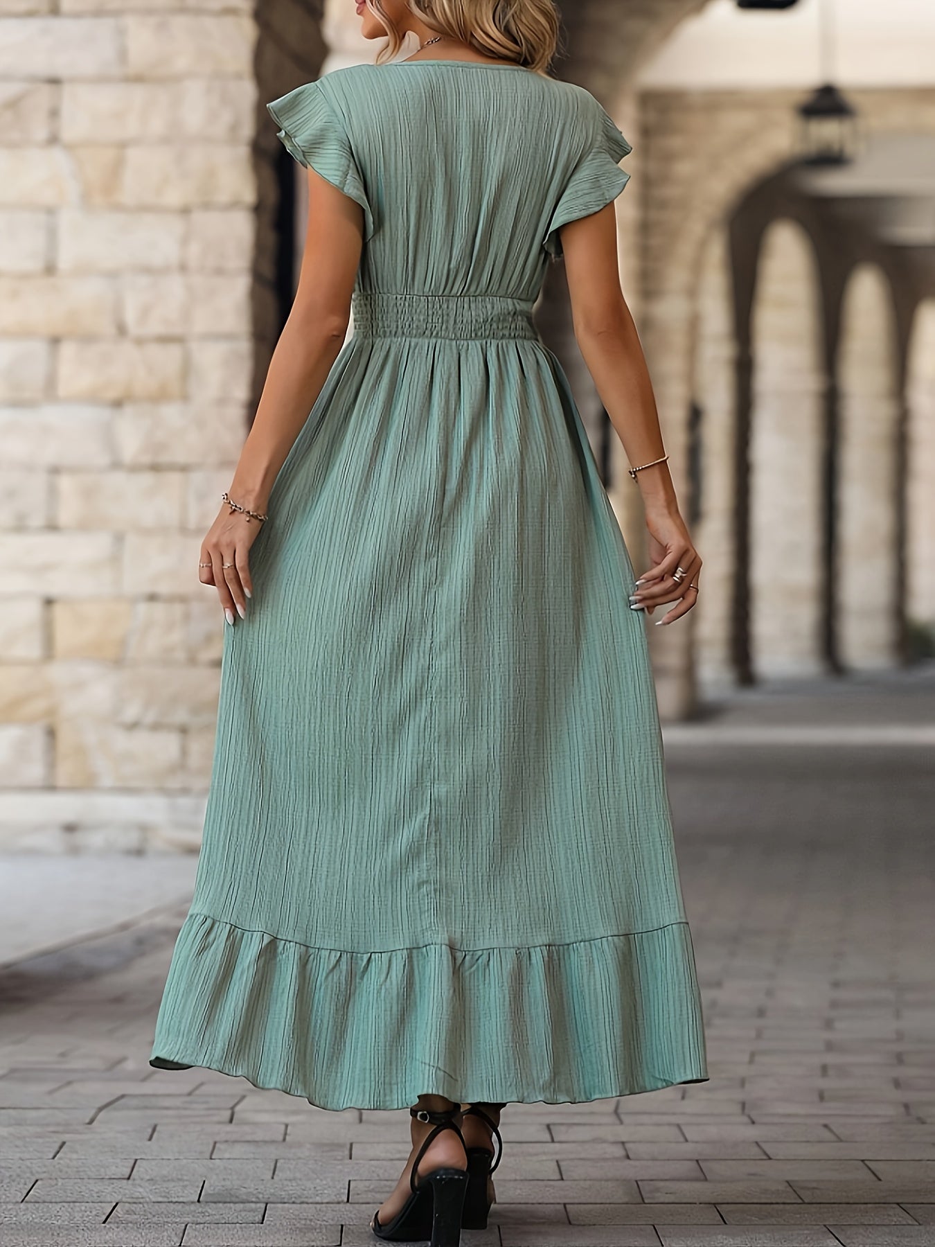 Ivyshape | Elegant V neck dress with High Waist and Ruffle Sleeves