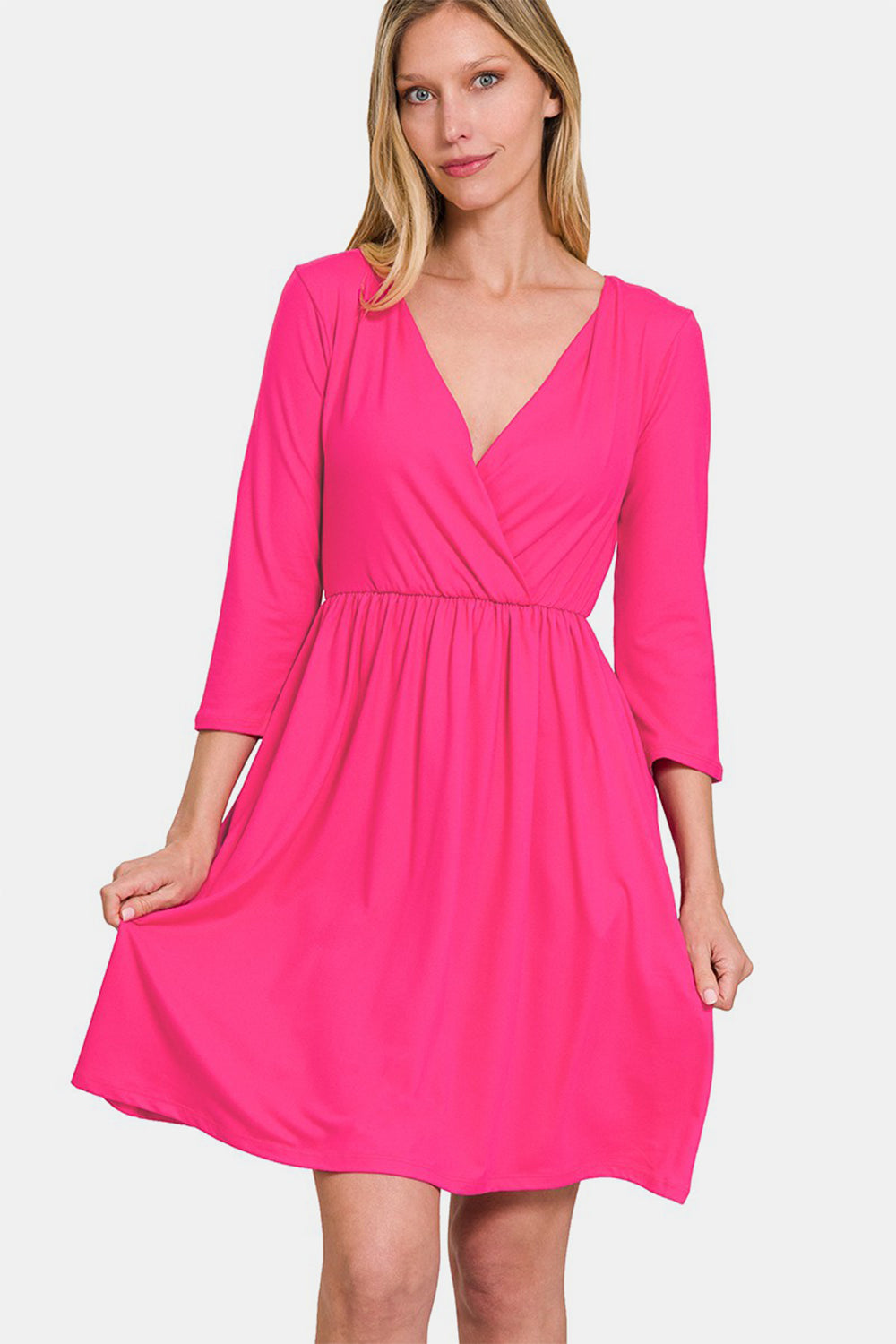 Ivyshape | Zenana Three-Quarter Sleeve Surplice Dress with Pockets