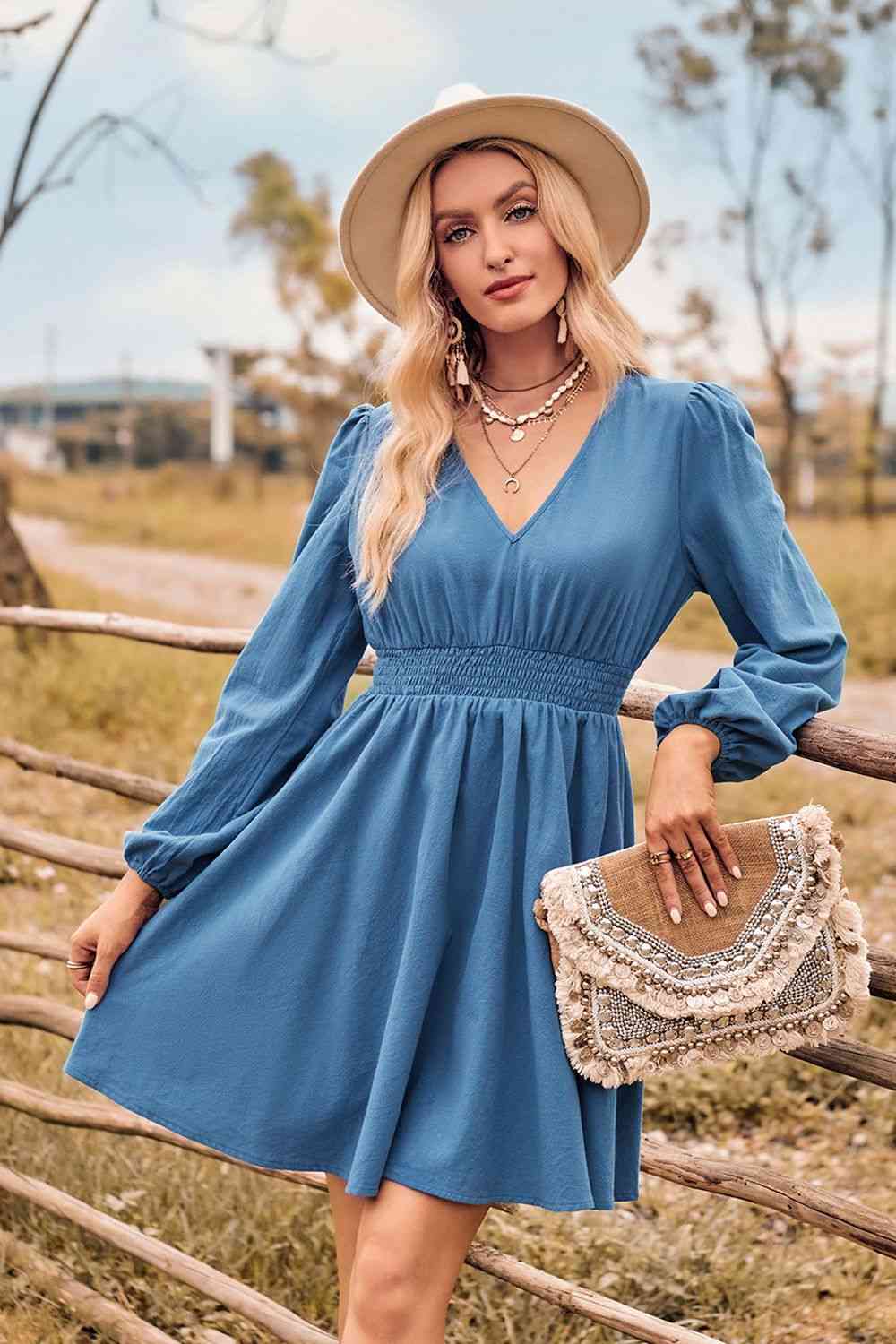 V-Neck Long Sleeve Smocked Waist Mini Dress