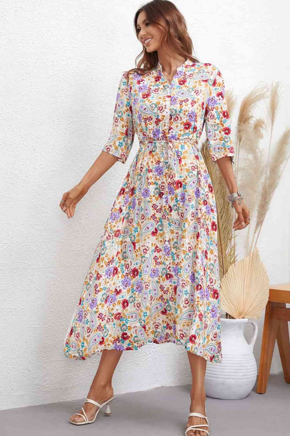 Floral Notched Neck Half Sleeve Dress