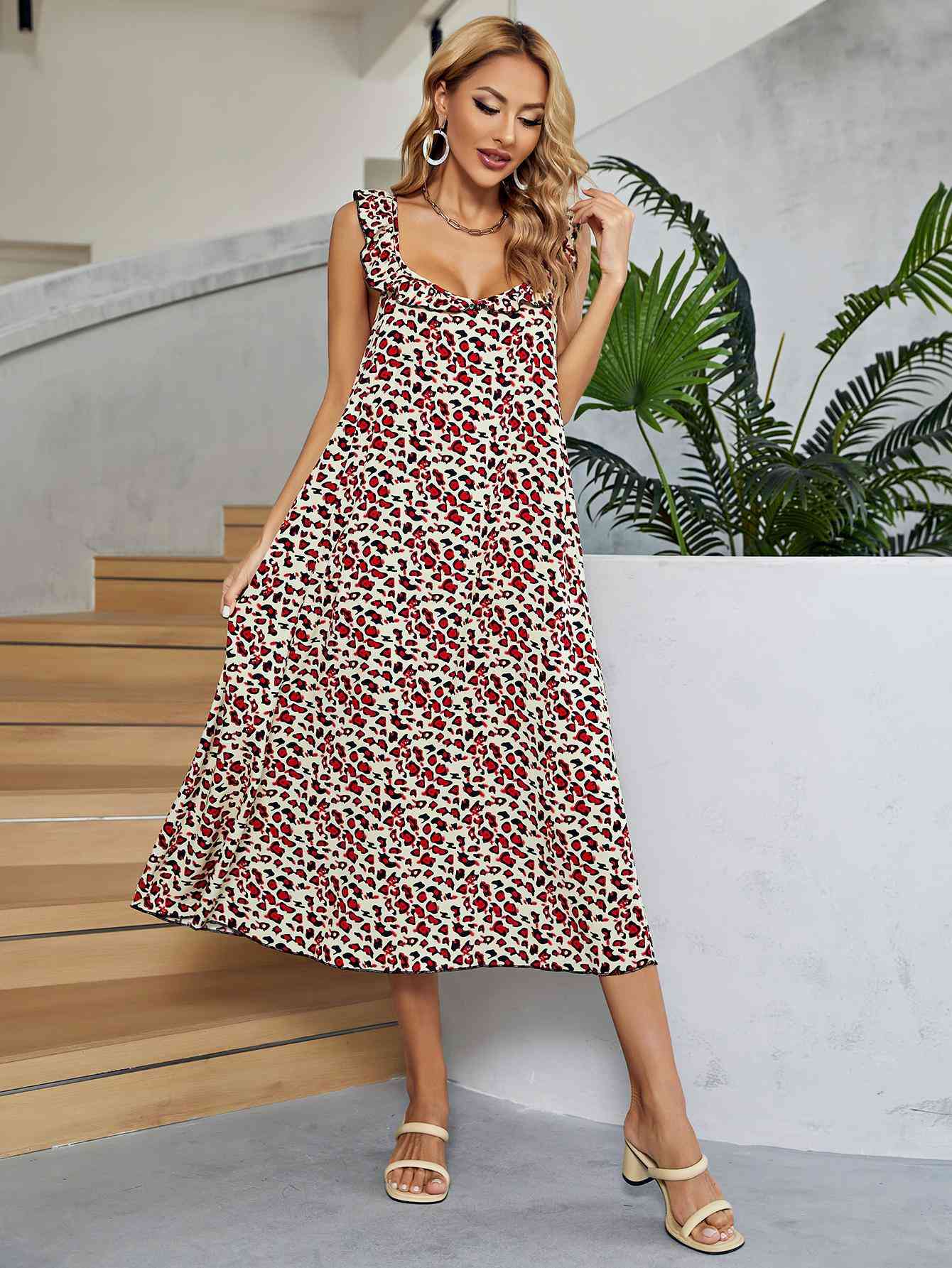 Printed Ruffled Sleeveless Midi Dress