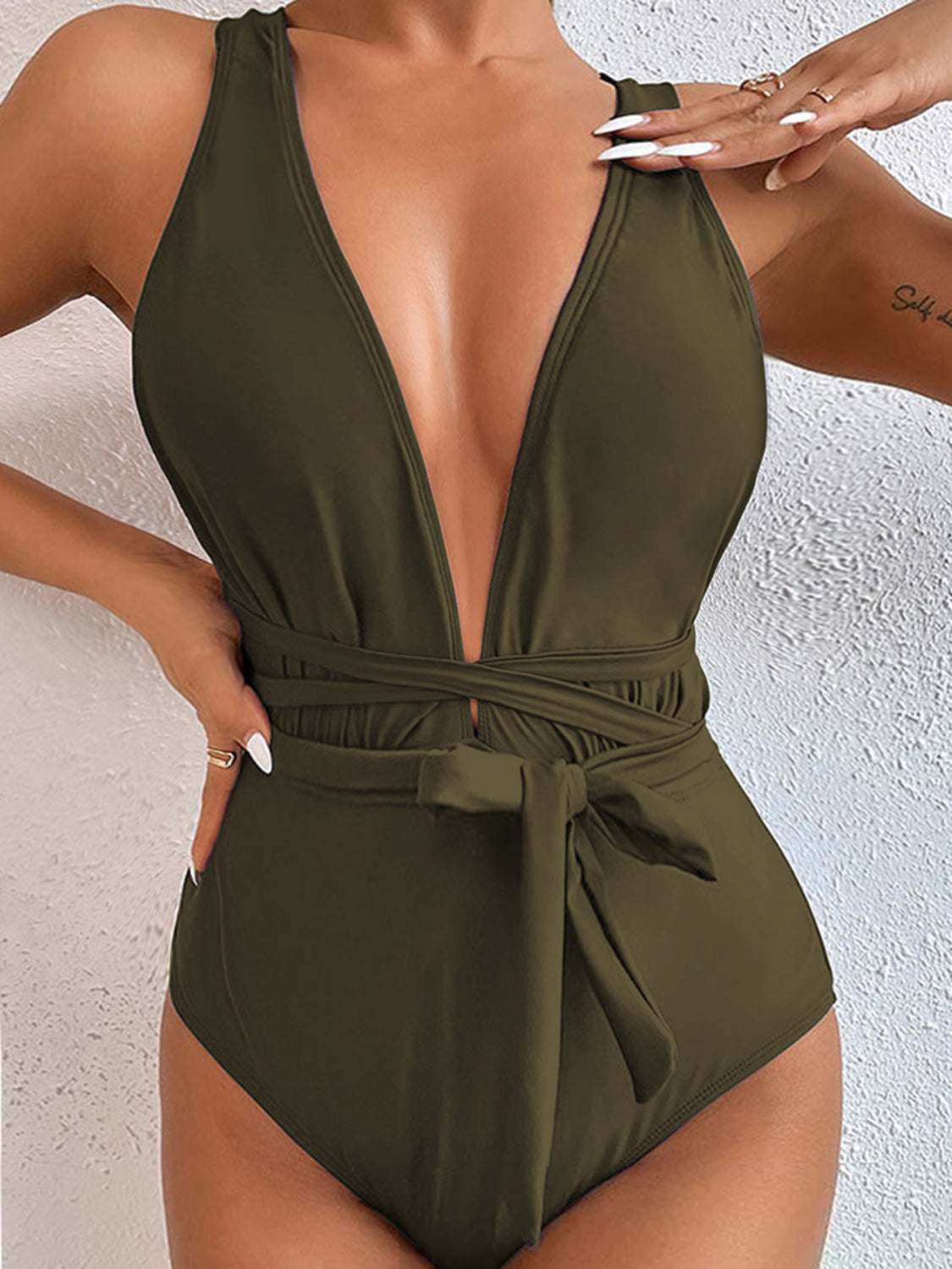 Ivyshape | Tied Crisscross Wide Strap One-Piece Swimwear