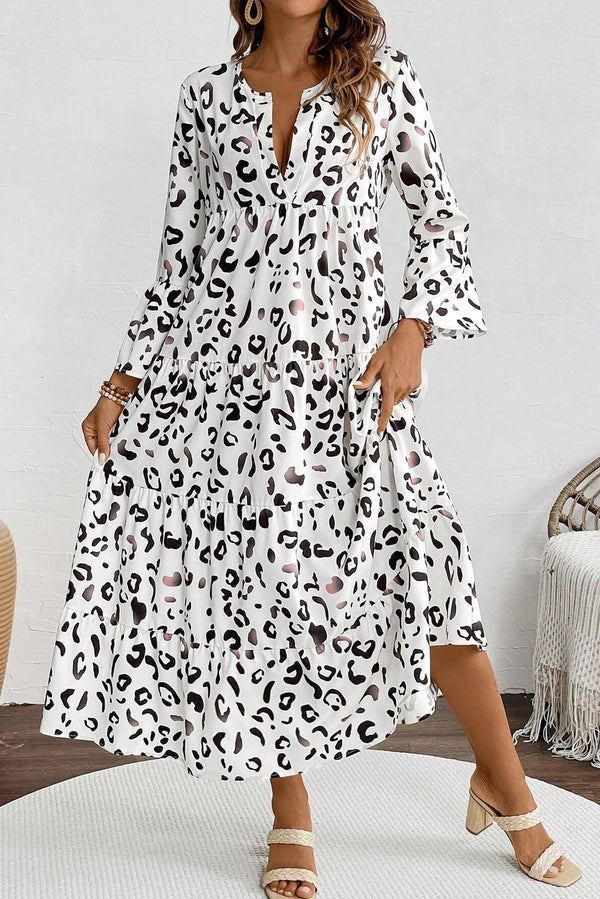 Ivyshape | Leopard Print Notch V-Neck Loose Fit Maxi Dress