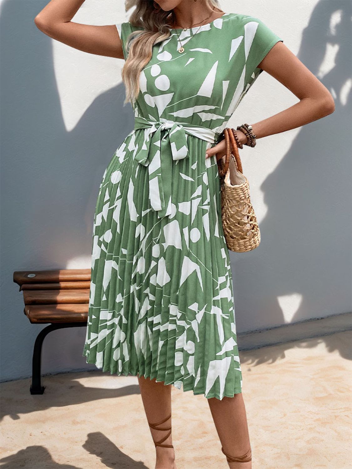 Ivyshape | Tied Pleated Printed Cap Sleeve Dress