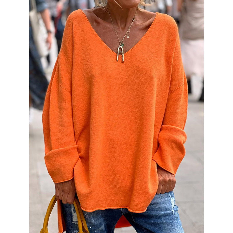 Ivyshape | Solid Color and V-Neck Long Sleeve Loose Casual Top