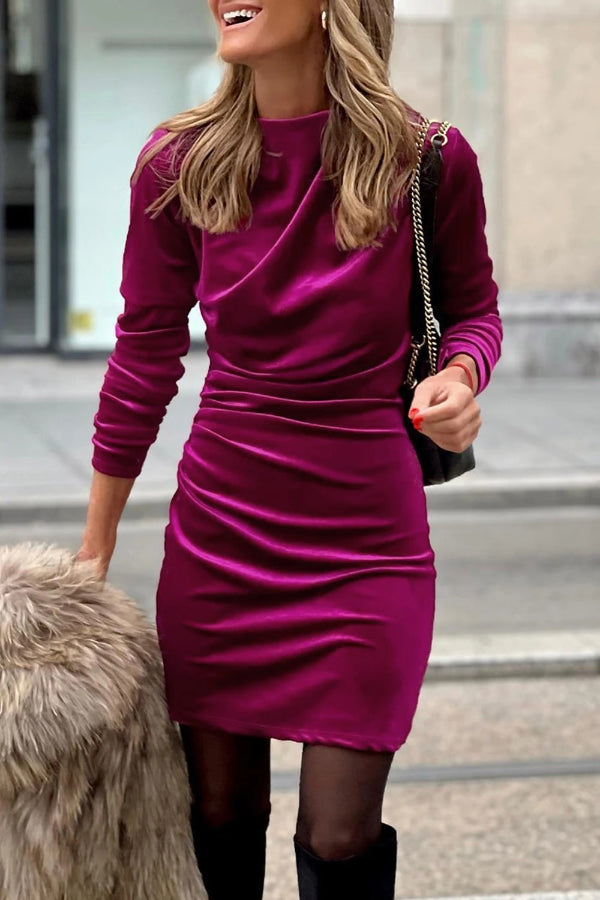 Ivyshape | Pink Velvet Mock Neck Ruched Long Sleeve Bodycon Dress