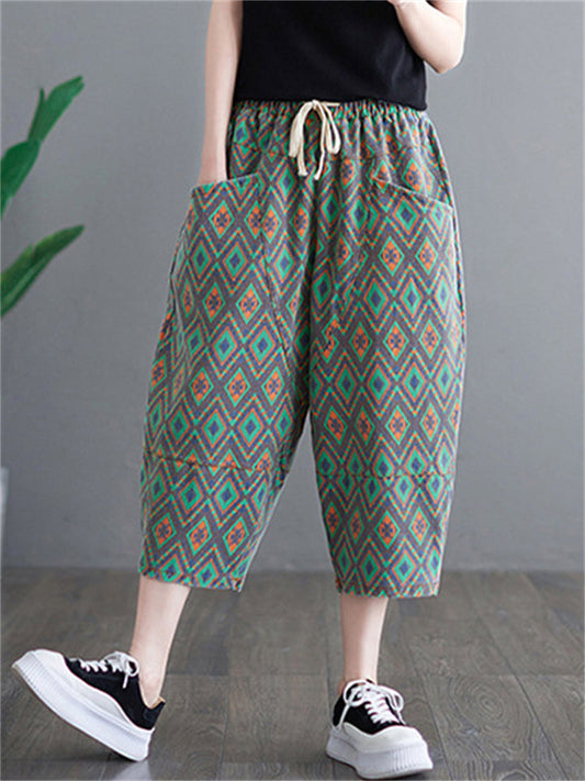 Vacation Green Diamond Elastic Waist Denim Cropped Pants