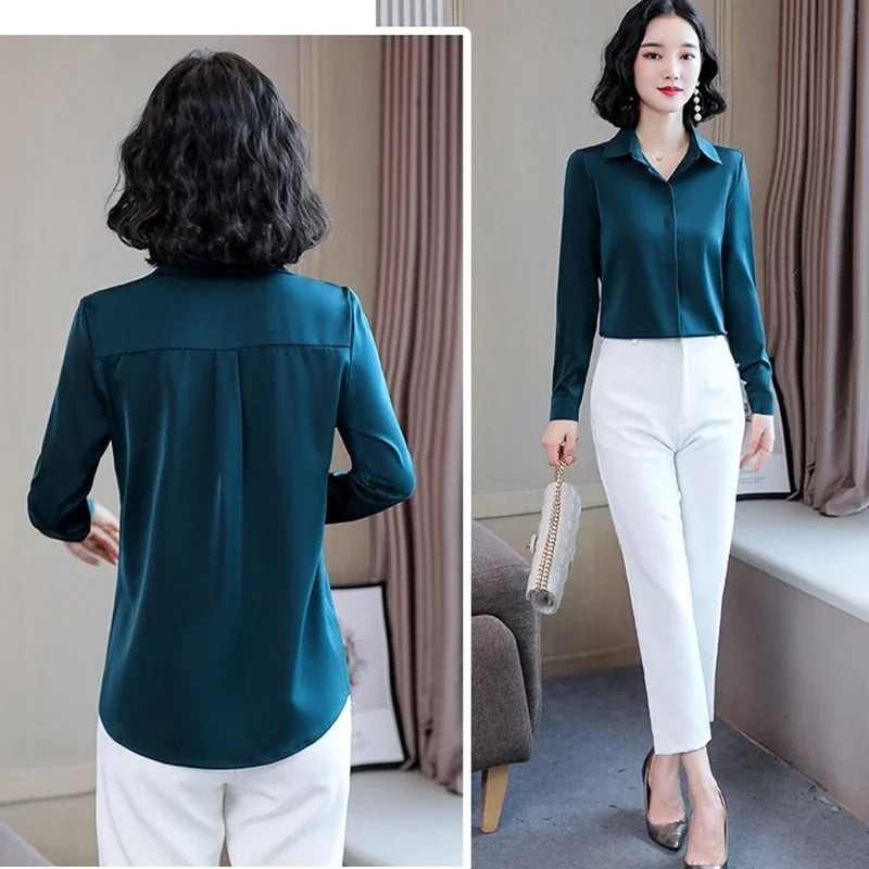 Elegant Satin Long-Sleeve Office Shirt for Women