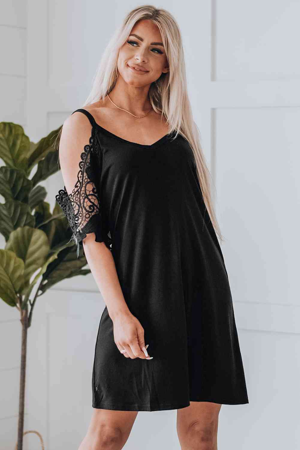 Spliced Lace Cold-Shoulder Mini Dress