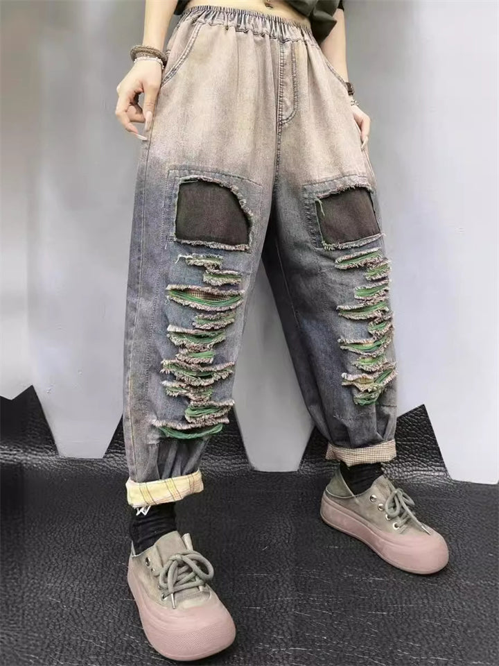 Hip-Hop Patchwork Raw Edge Gradient Color Harem Jeans