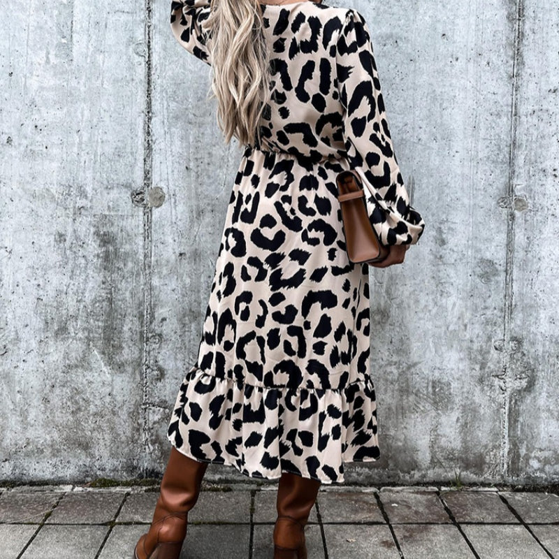 Ivyshape | Season Leopard Print Long Sleeve Slit Dress