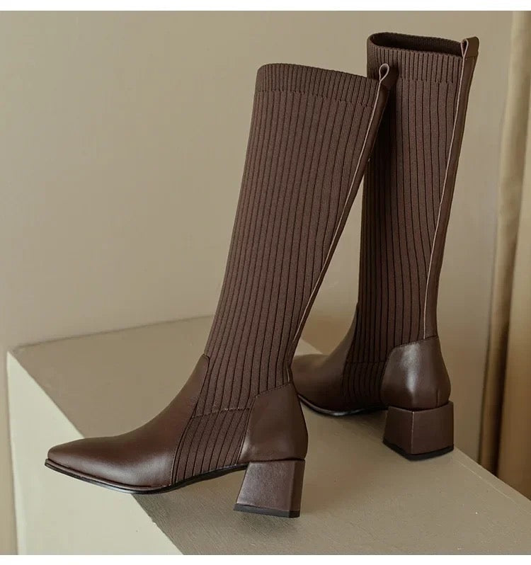 Ivyshape | Knee High Trendy Sock Leather Boots