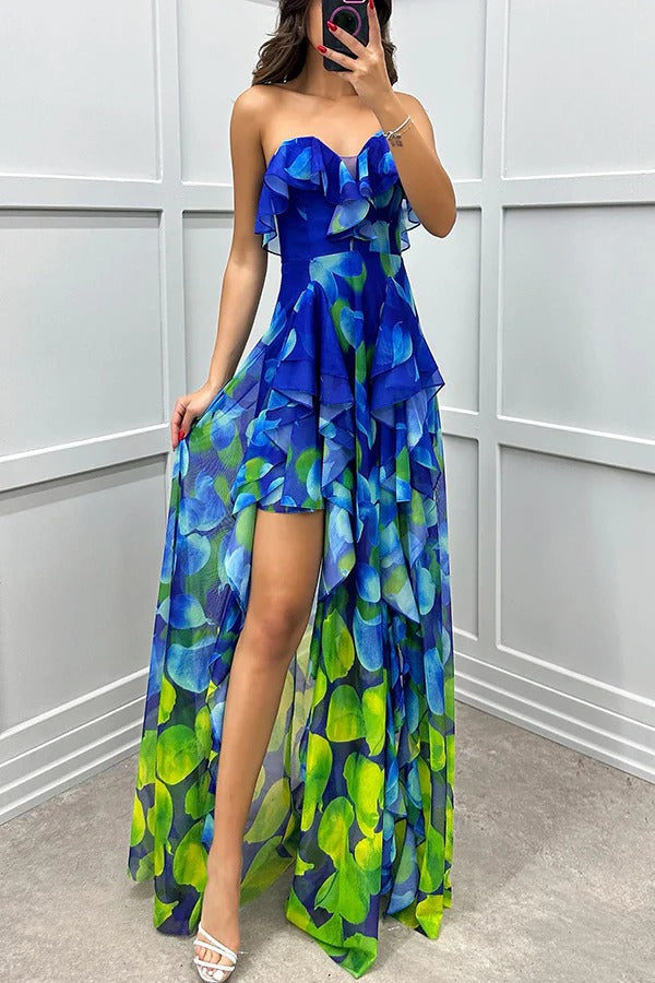 Ivyshape | Moment Gradient Unique Print Flowing Layered Ruffles Strapless Slit Maxi Dress