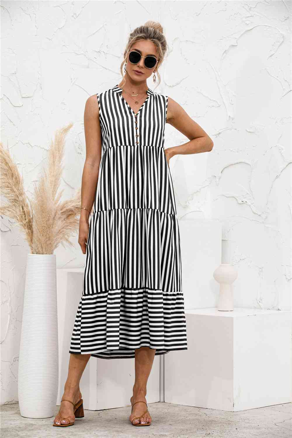 Striped Tiered Sleeveless Swing Dress