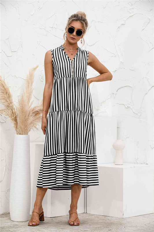 Striped Tiered Sleeveless Swing Dress