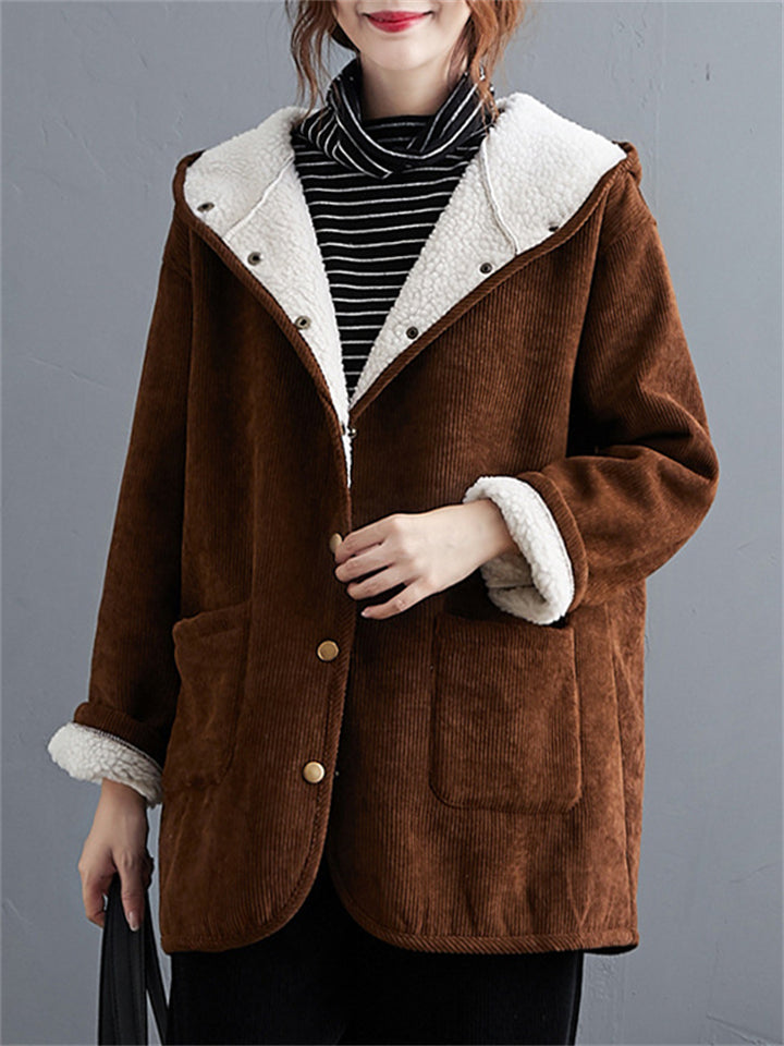 Winter Keep Warm Plush Lining Corduroy Hooded Coat