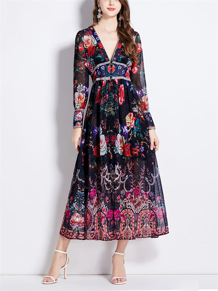 Flowy Chiffon Elegant Front Split Floral Print Dress for Lady