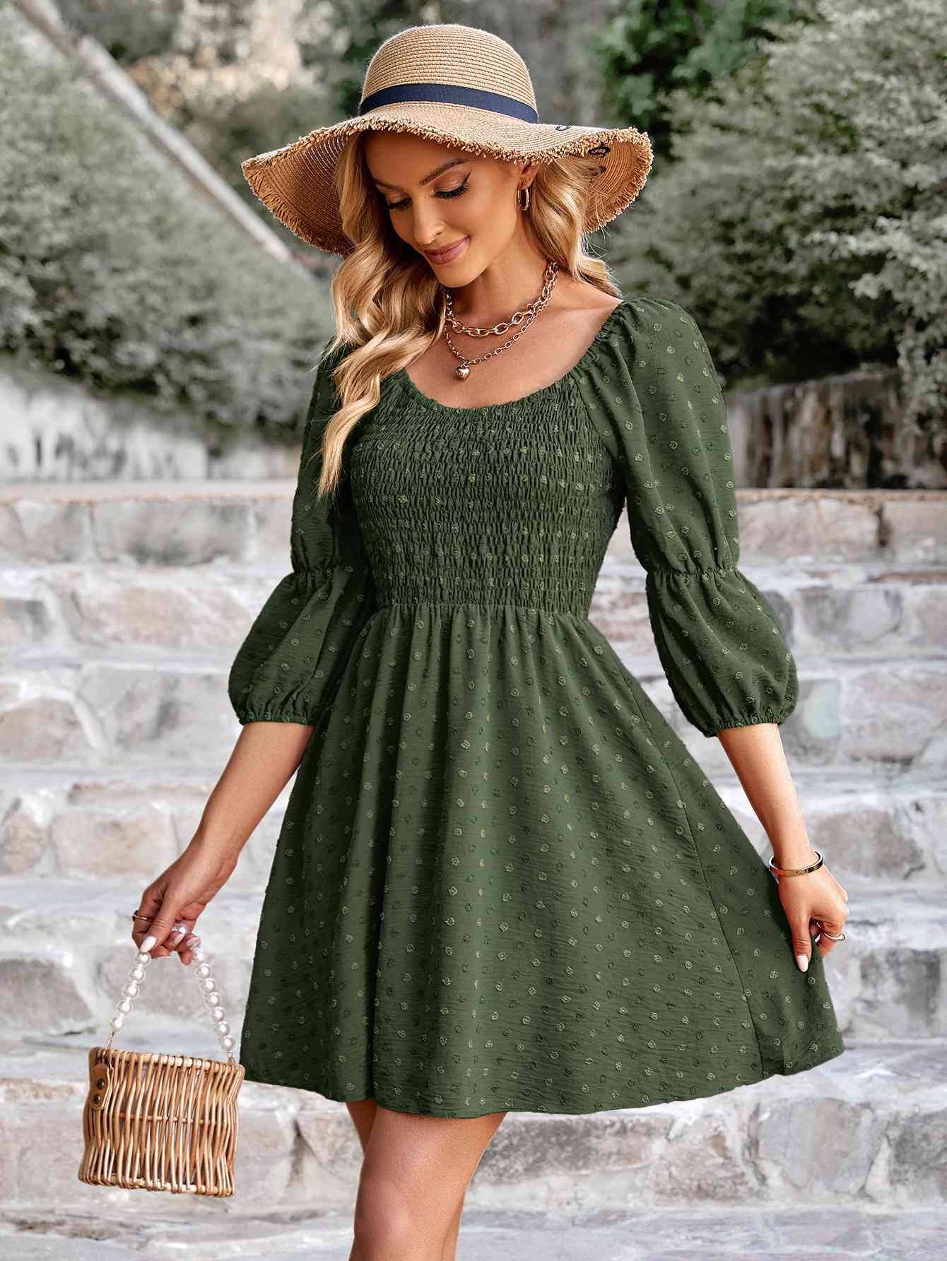 Swiss Dot Smocked Scoop Neck Dress