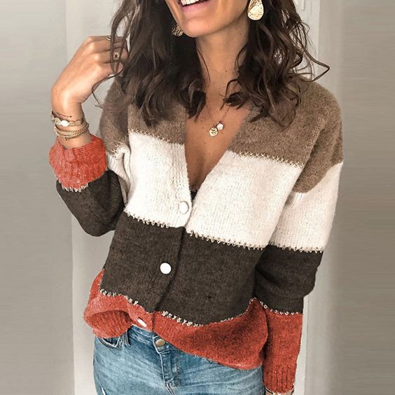 Ivyshape | V-Neck Button Color Block Cardigan