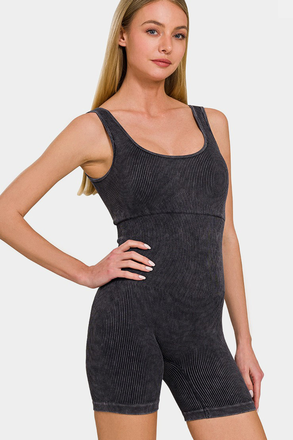 Ivyshape | Zenana Washed Ribbed Romper with Pad