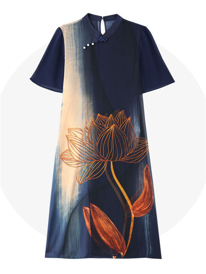 Ladies Cozy Breathable Chiffon Dress with Golden Lotus Print