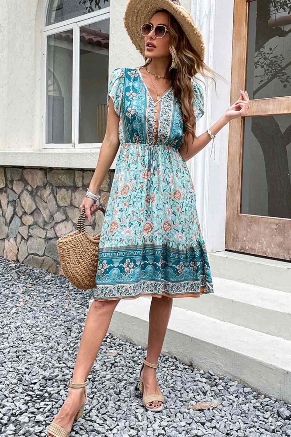 Decorative Button Petal Sleeve Drawstring Waist Dress