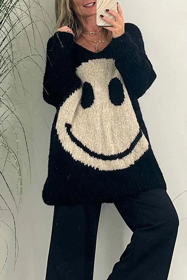 Ivyshape | Is Everything Knit Smiley Face Long Sleeved Sweater