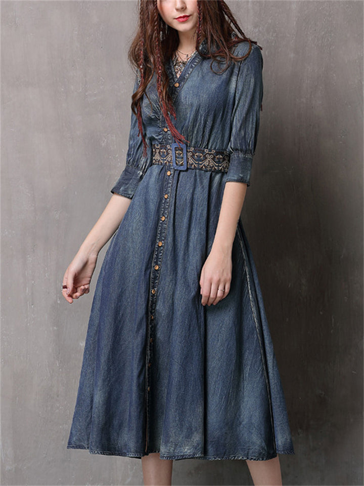 Women's Retro Washed Denim Blue Pleated Dress with Belt