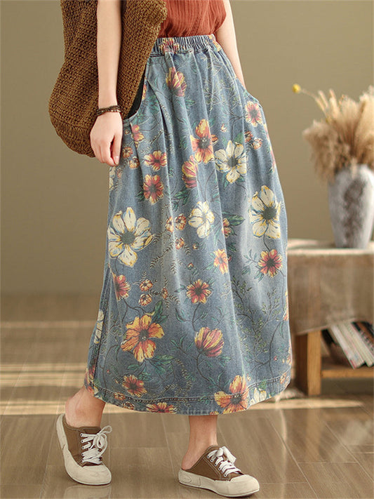 Orange & White Flowers Print Women's Elastic Waist Denim Skirt