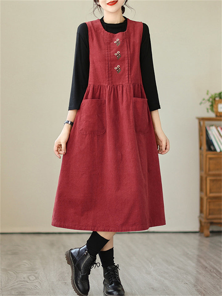Retro Daisy Embroidery Mid-Length Corduroy Dress