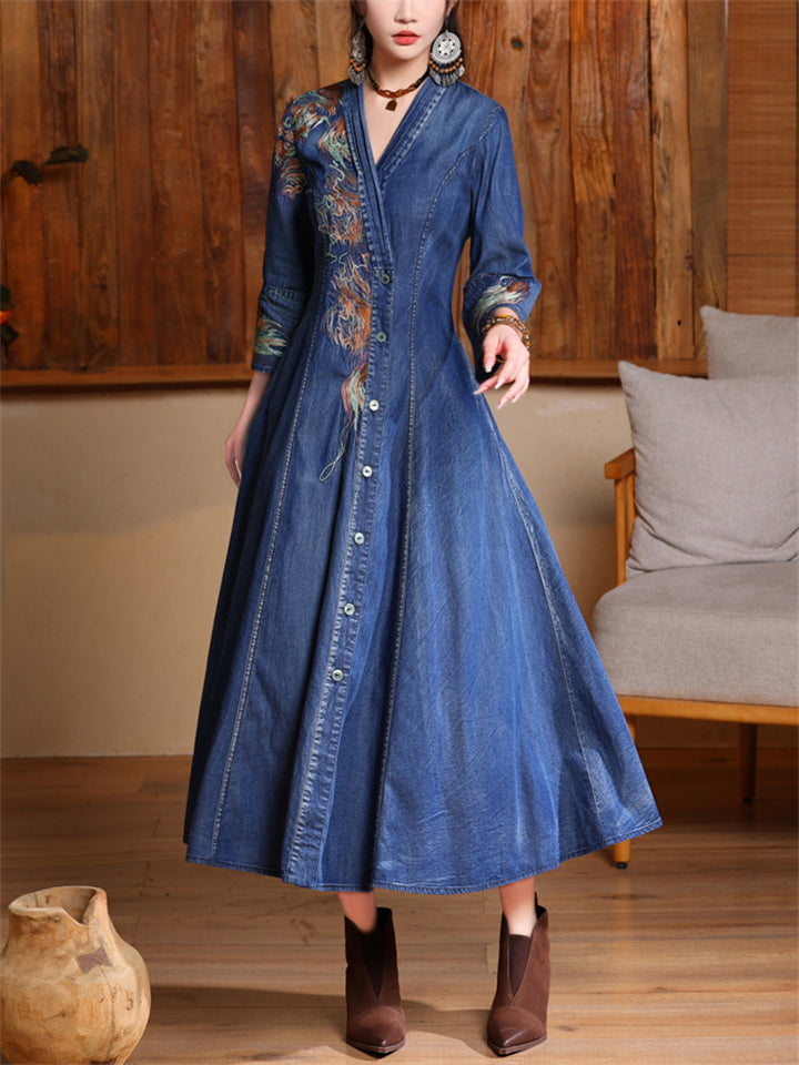 Elegant Embroidery V Neck Button Up Denim Dress