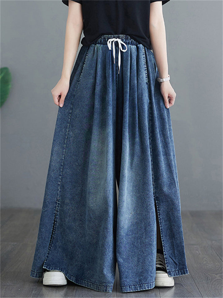 Cozy Summer Side Slit Blue Wide Leg Jeans for Women